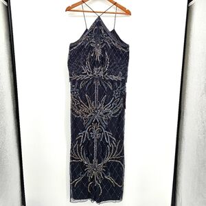 Pisarro Nights Navy Glod Silver Layered Halter Beaded Maxi Gown Womens 12 New